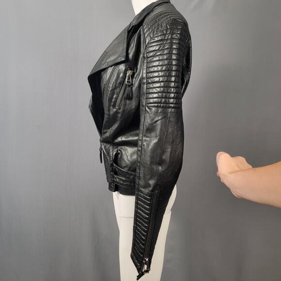 AFTF Basic Black Faux Leather Moto Jacket Quilted Biker Style - Picture 3 of 15